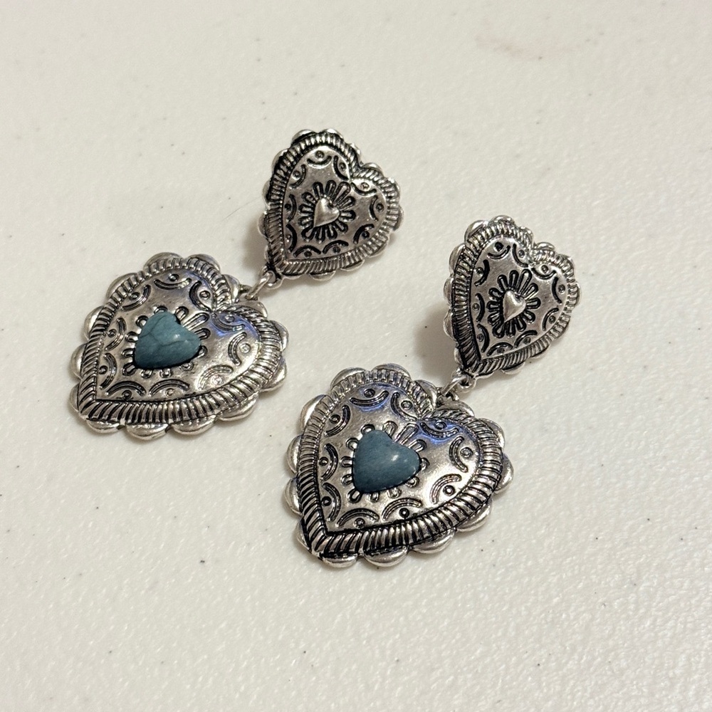 Western Silver and Turquoise Heart Drop Earrings - Picture 5 of 6